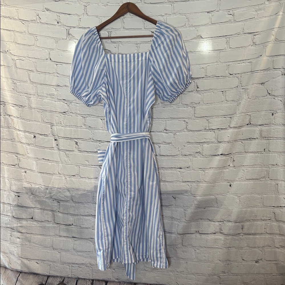 J.Crew Blue & White Striped Button-Front Midi Dress with Puff Sleeves Medium - Picture 2 of 11